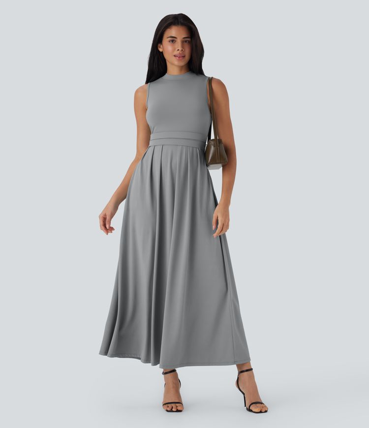 Stand Collar Sleeveless Flare Maxi Casual Dress with Pockets