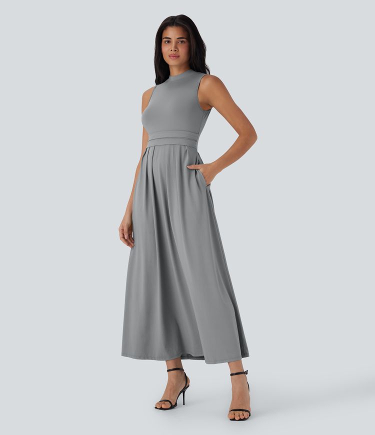 Stand Collar Sleeveless Flare Maxi Casual Dress with Pockets
