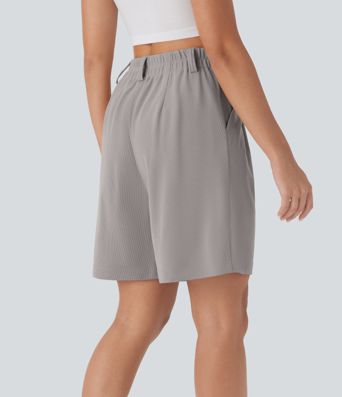 High Waisted Pocket Waffle Casual Bermuda Shorts