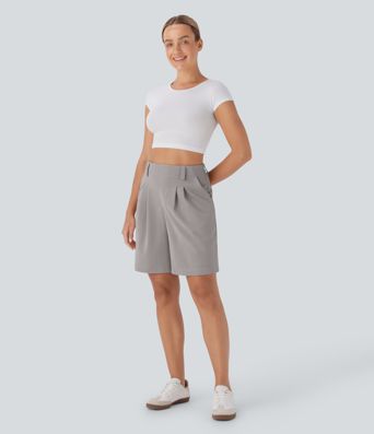 High Waisted Pocket Waffle Casual Bermuda Shorts