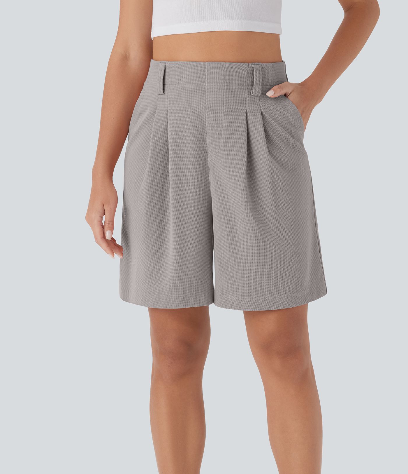 High Waisted Pocket Waffle Casual Bermuda Shorts