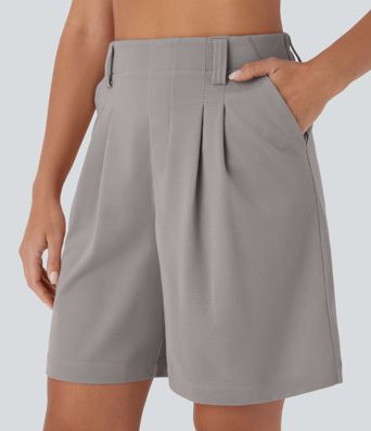 High Waisted Pocket Waffle Casual Bermuda Shorts