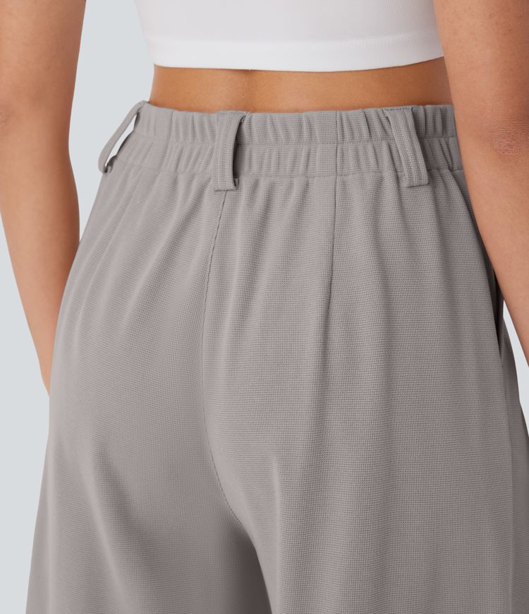 High Waisted Pocket Waffle Casual Bermuda Shorts