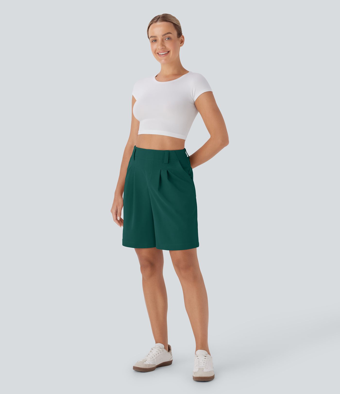High Waisted Pocket Waffle Casual Bermuda Shorts