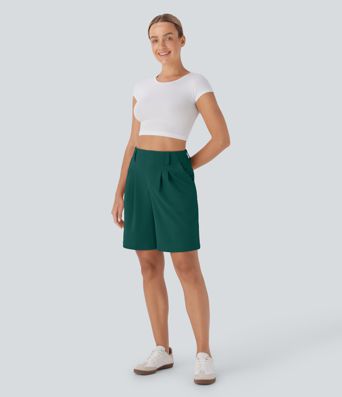 High Waisted Pocket Waffle Casual Bermuda Shorts
