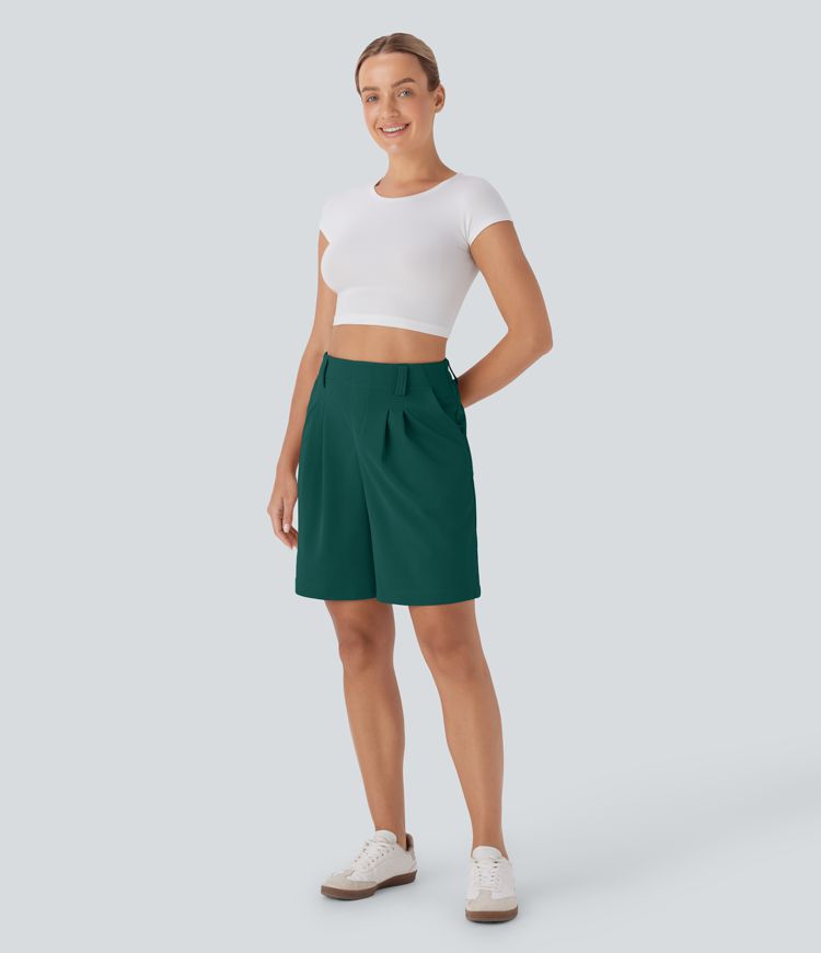 High Waisted Pocket Waffle Casual Bermuda Shorts