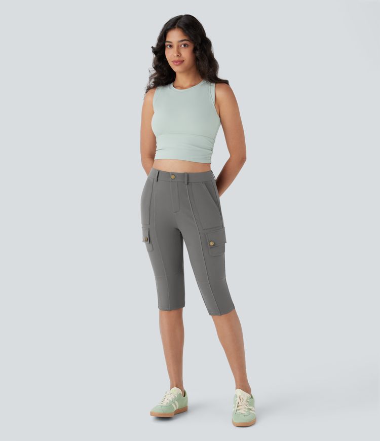 DayStretch High Waisted Zipper Pockets Solid Skinny Pedal Pusher Casual Cargo Pants