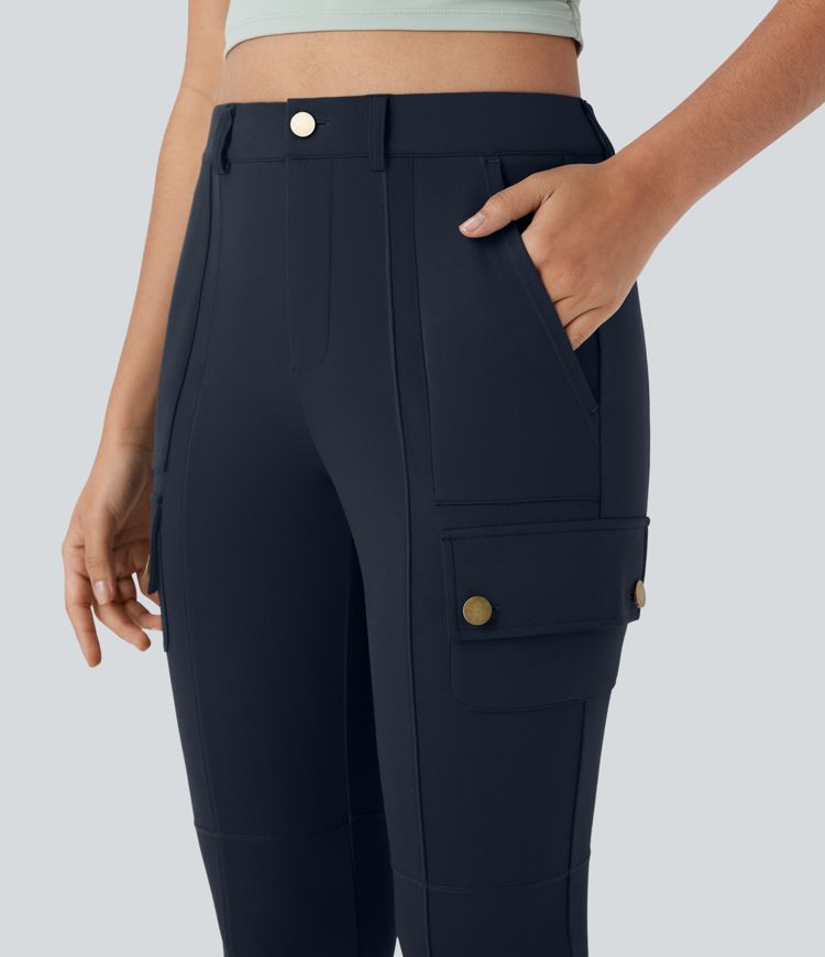 High Waisted Button Zipper Multiple Pockets Solid Skinny Cropped Capri Casual Cargo Trousers