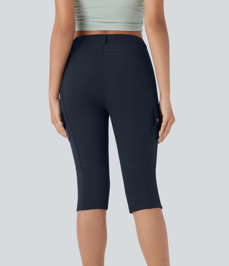 High Waisted Button Zipper Multiple Pockets Solid Skinny Cropped Capri Casual Cargo Trousers