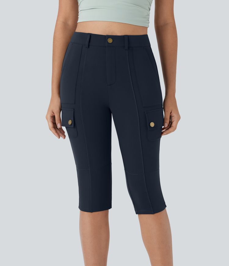 High Waisted Button Zipper Multiple Pockets Solid Skinny Cropped Capri Casual Cargo Trousers