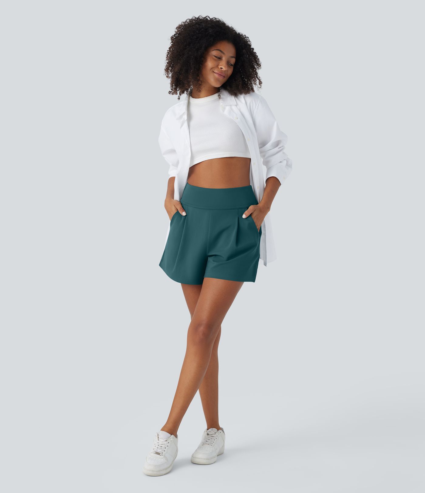 DayStretch High Waisted Pocket Wide Leg Work Shorts