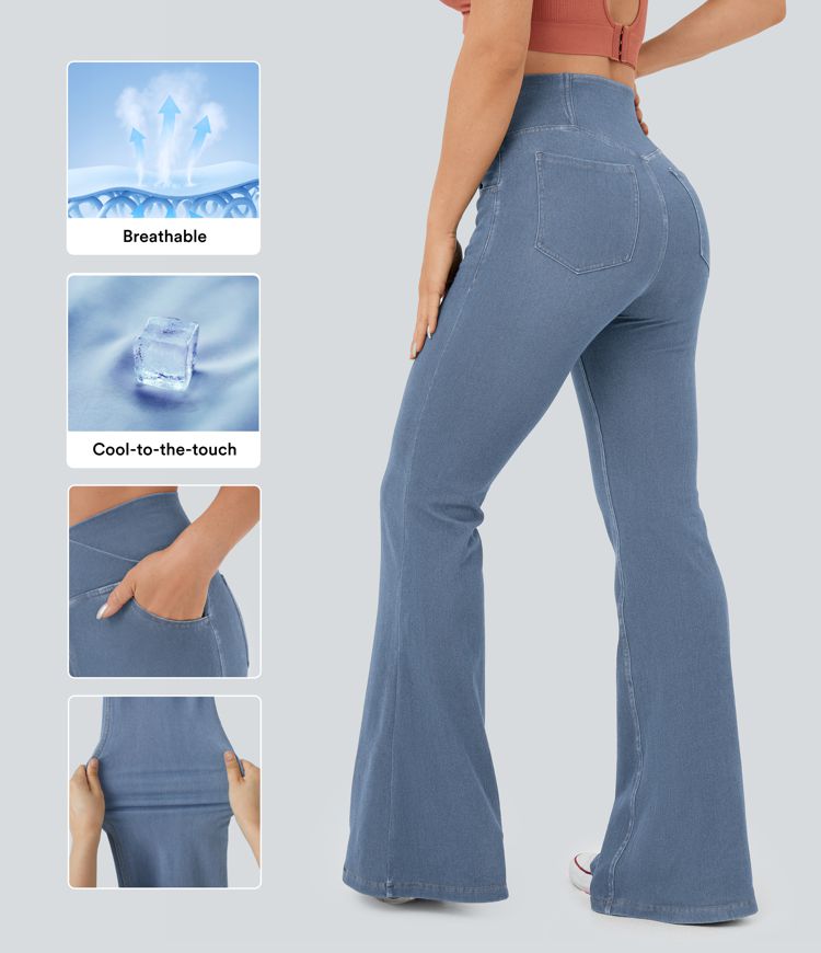 Halara Flex™ High Waisted Crossover Pocket Cool Touch Washed Stretchy Knit Casual Super Flare Jeans