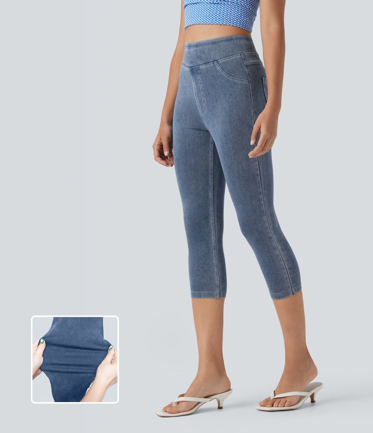Halara Flex™ High Waisted Back Side Pocket Stretchy Knit Denim Capri Casual Leggings