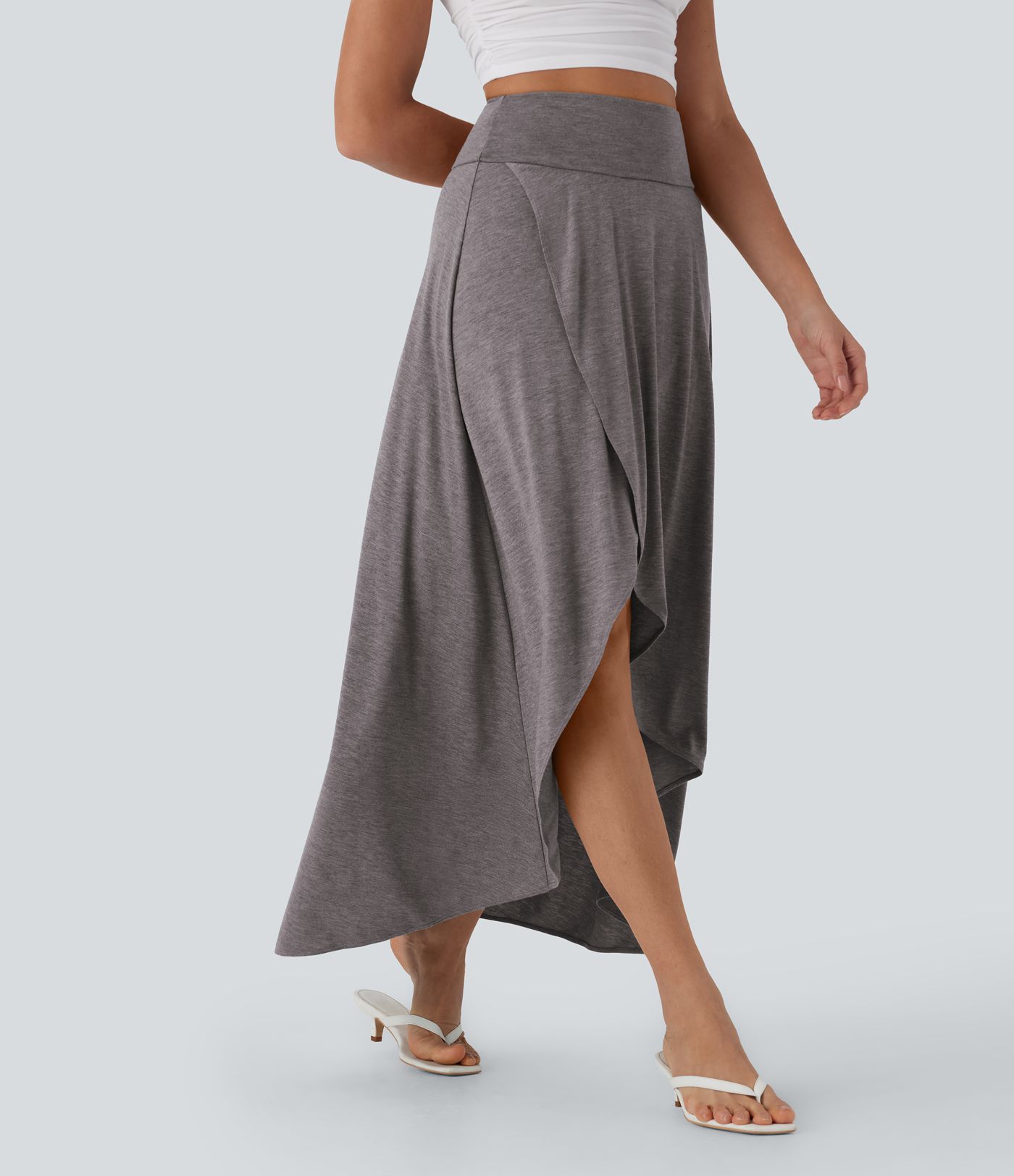 High Waisted Tummy Control High Low 2-in-1 Flowy Maxi Casual Skirt