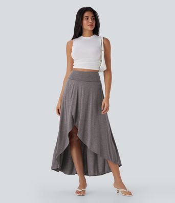 High Waisted Tummy Control High Low 2-in-1 Flowy Maxi Casual Skirt