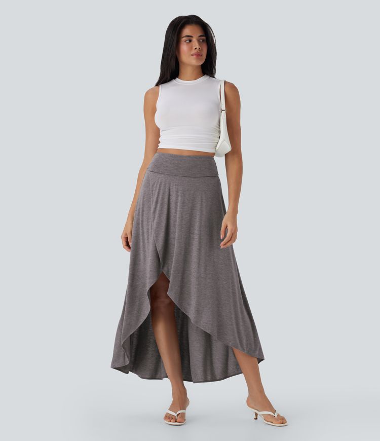 High Waisted Tummy Control High Low 2-in-1 Flowy Maxi Casual Skirt