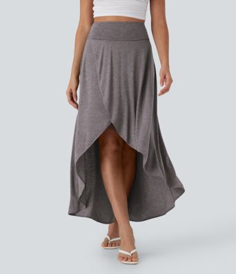 High Waisted Tummy Control High Low 2-in-1 Flowy Maxi Casual Skirt