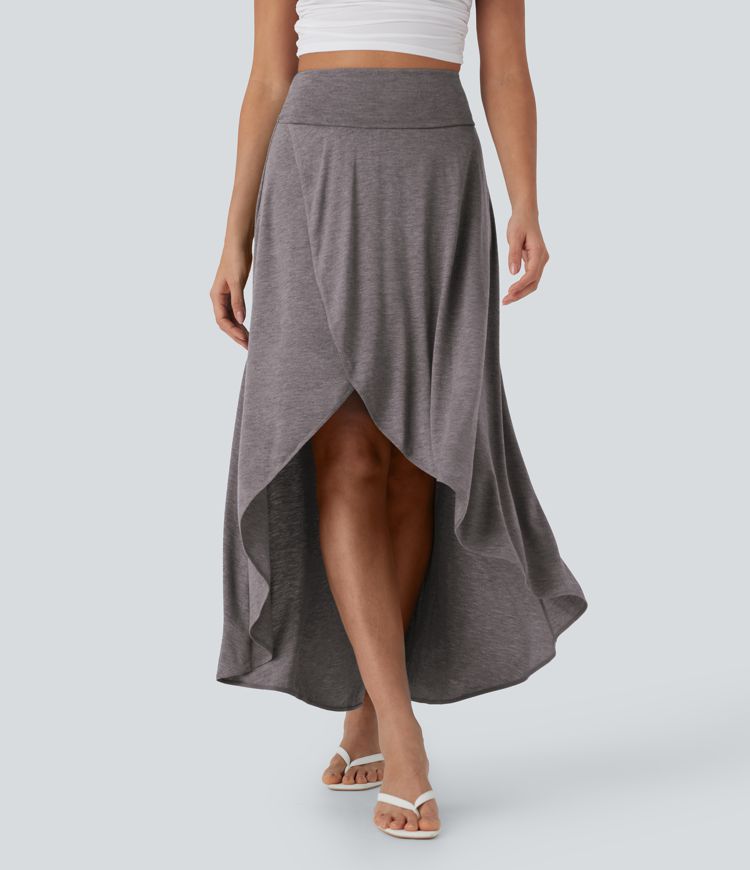High Waisted Tummy Control High Low 2-in-1 Flowy Maxi Casual Skirt