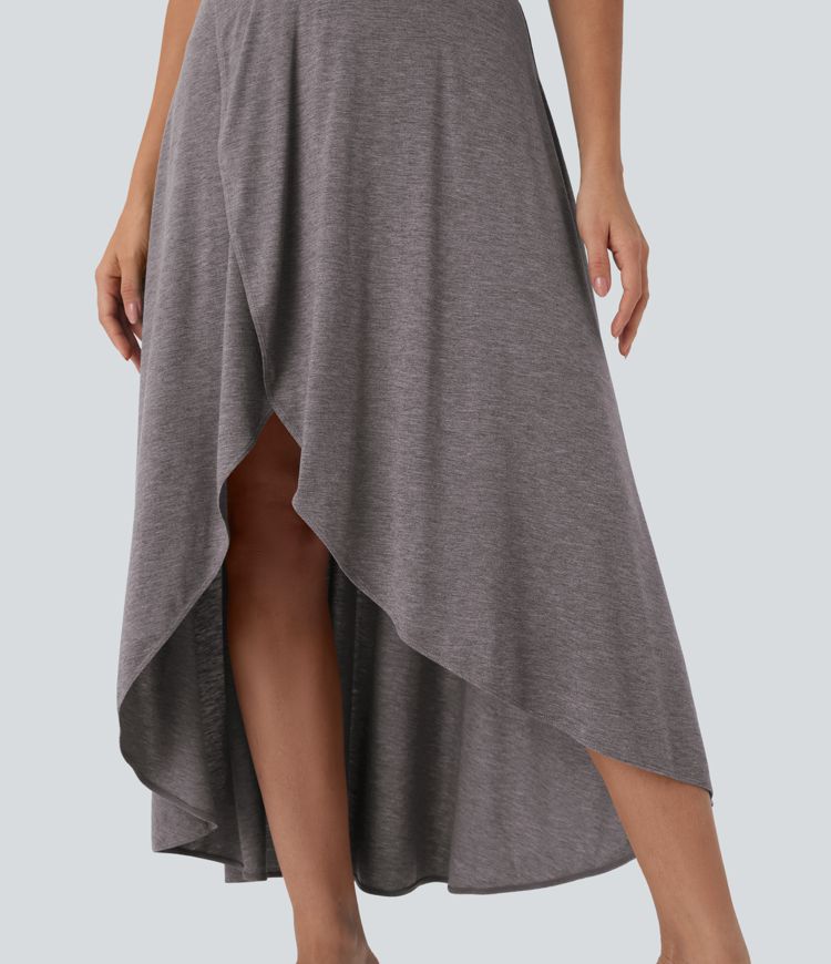 High Waisted Tummy Control High Low 2-in-1 Flowy Maxi Casual Skirt