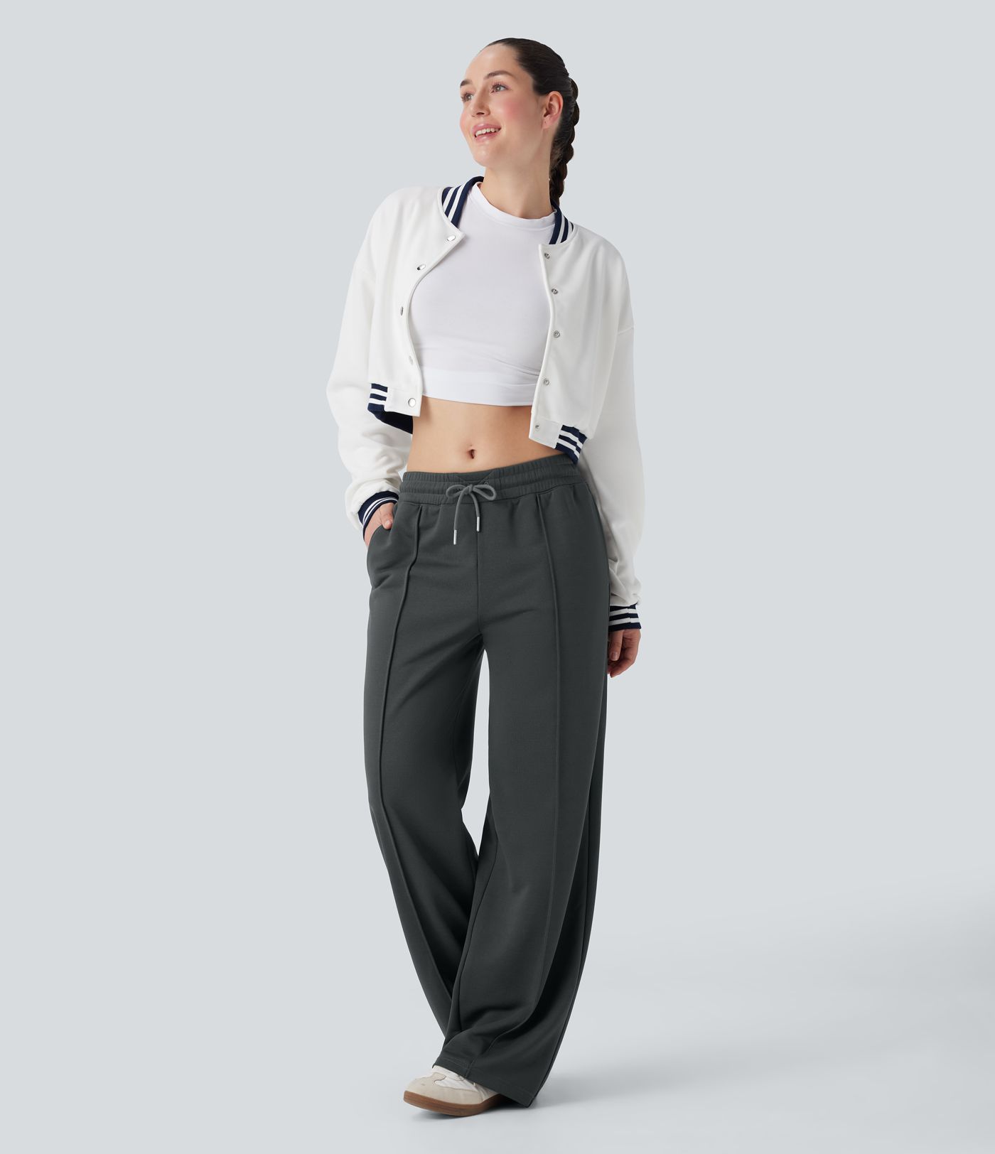 Pantalones casuales anchos de tiro bajo con cordón y bolsillos laterales