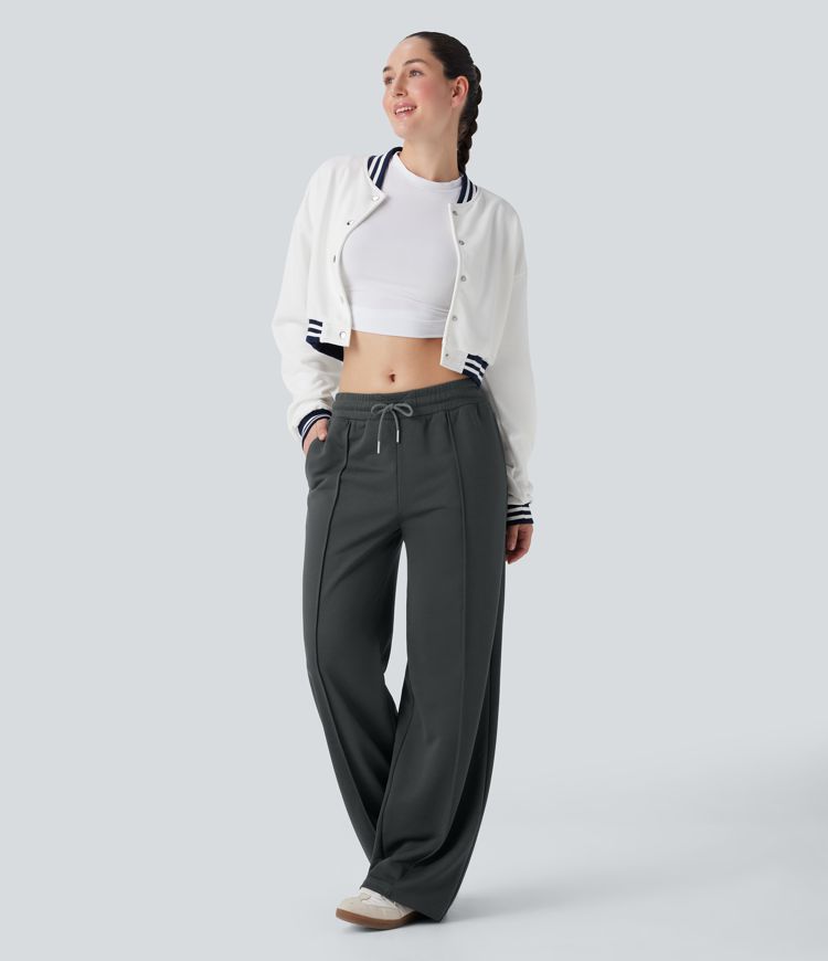 Pantalones casuales anchos de tiro bajo con cordón y bolsillos laterales