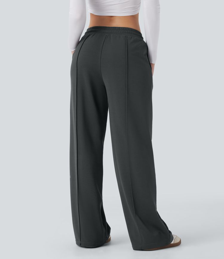 Pantalones casuales anchos de tiro bajo con cordón y bolsillos laterales