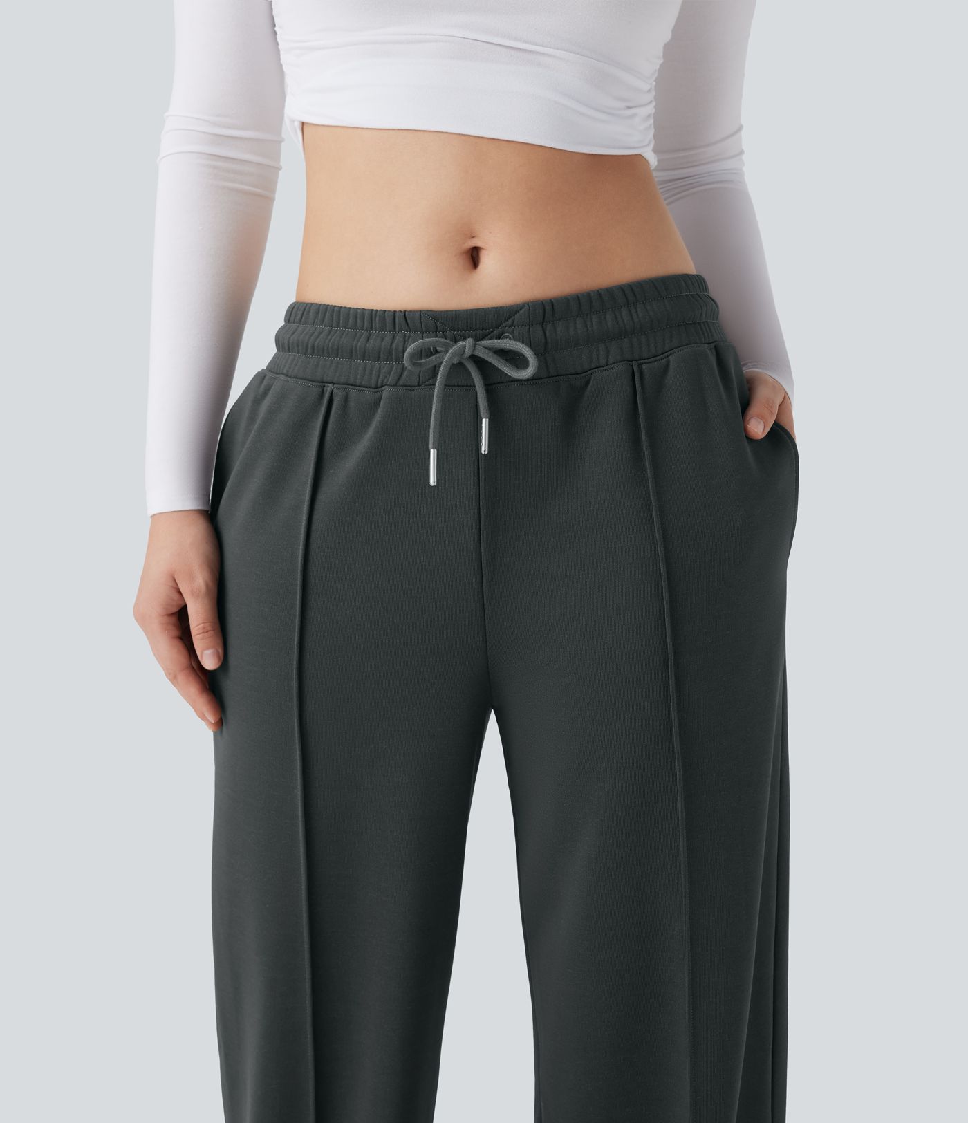 Pantalones casuales anchos de tiro bajo con cordón y bolsillos laterales