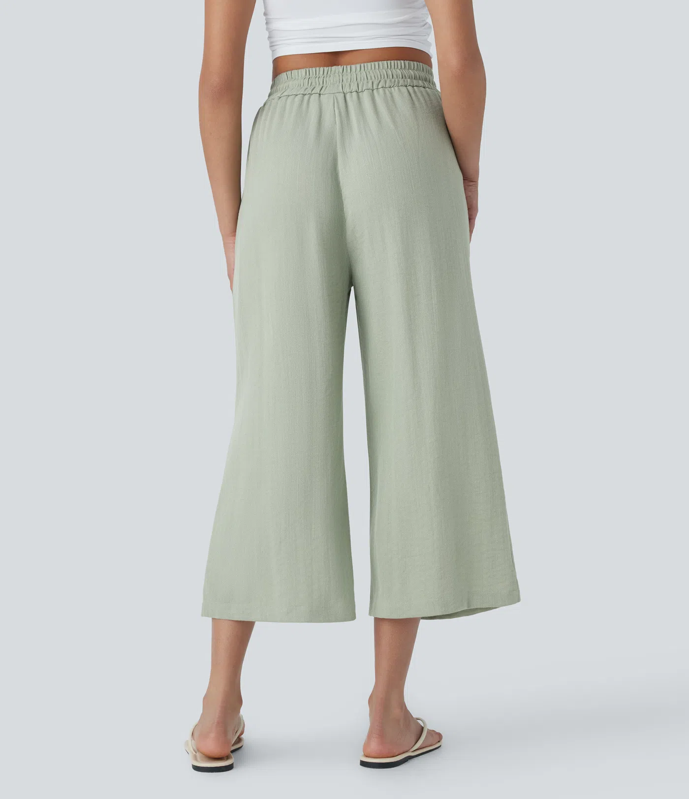 High Waisted Drawstring Wide Leg Cropped Casual Linen-Feel Pants with Side Pockets