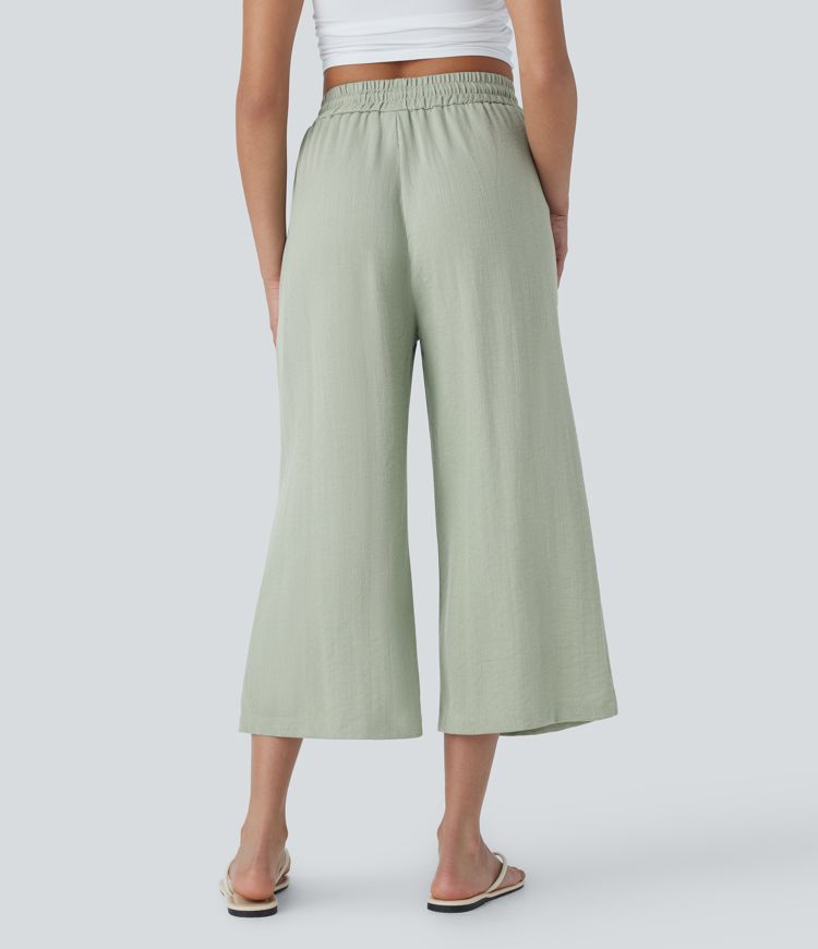 High Waisted Drawstring Wide Leg Cropped Casual Linen-Feel Pants with Side Pockets