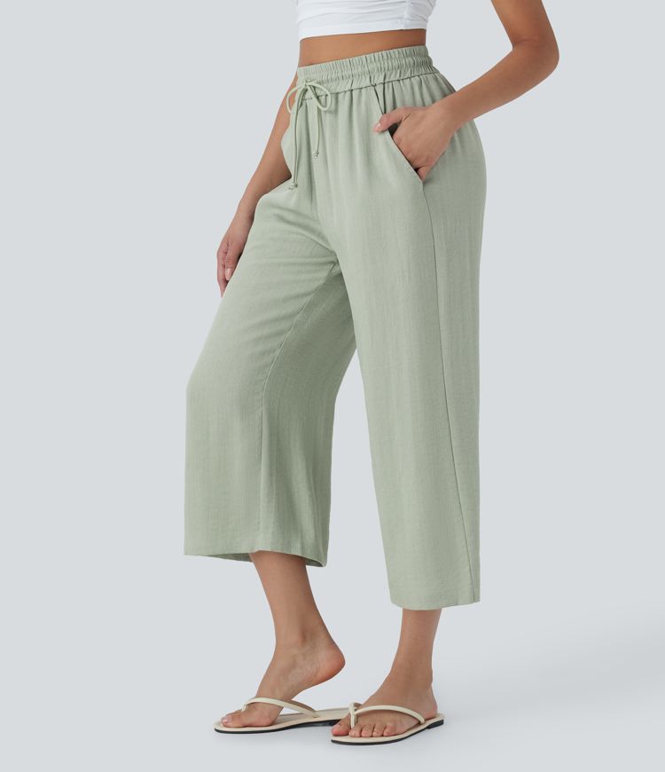 High Waisted Drawstring Wide Leg Cropped Casual Linen-Feel Pants with Side Pockets