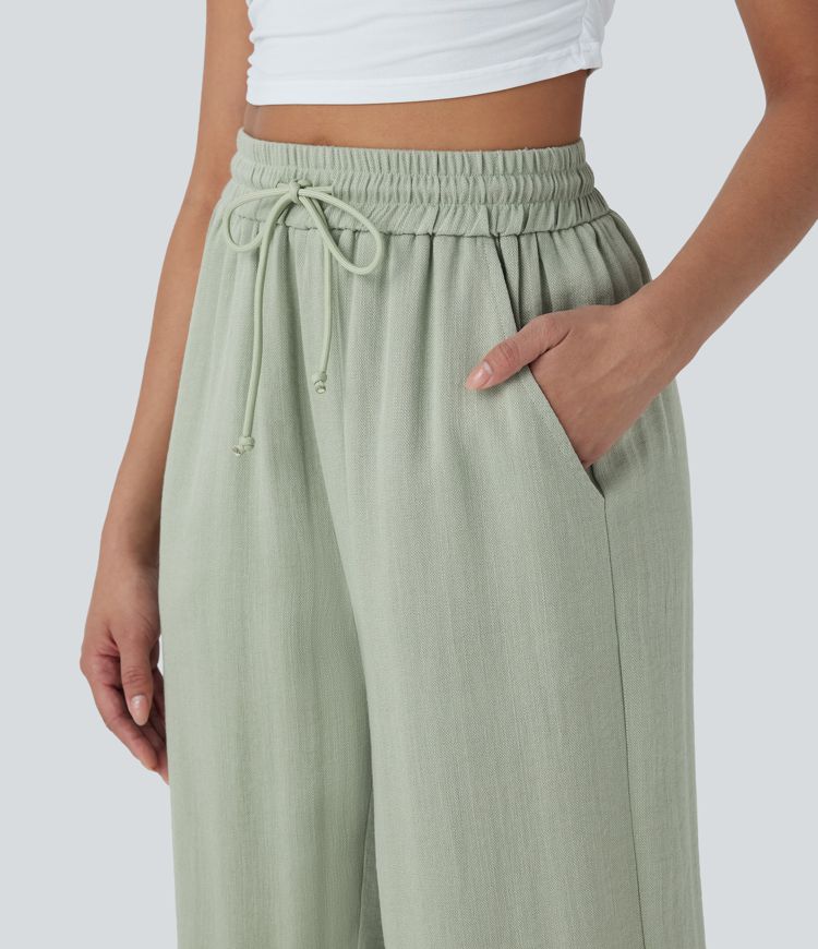 High Waisted Drawstring Wide Leg Cropped Casual Linen-Feel Pants with Pockets