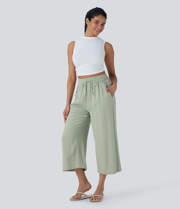 Pantalon décontracté aspect lin 7/8 à taille haute, jambe large avec cordon de serrage et poches latérales