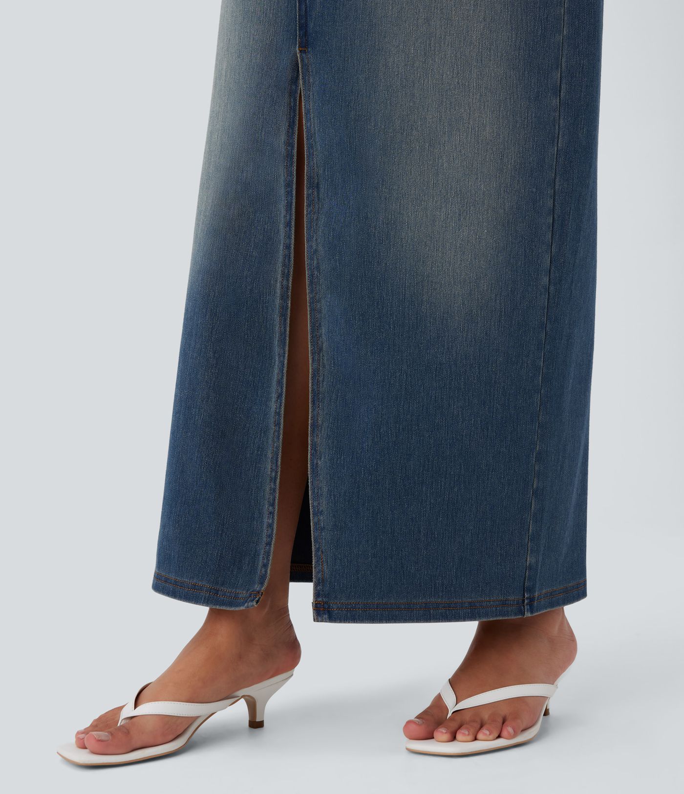 Halara Flex™ Jupe en Jean longue décontractée extensible délavé taille moyenne avec fente et multiples poches