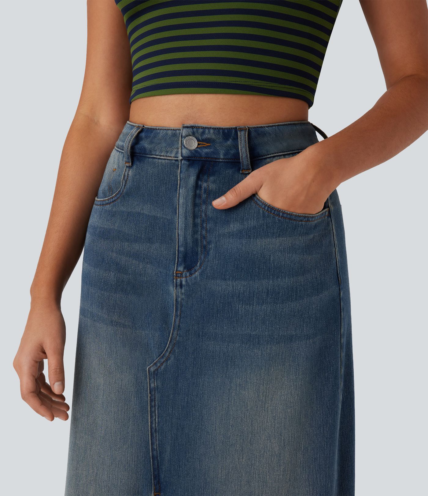 Halara Flex™ Jupe en Jean longue décontractée extensible délavé taille moyenne avec fente et multiples poches