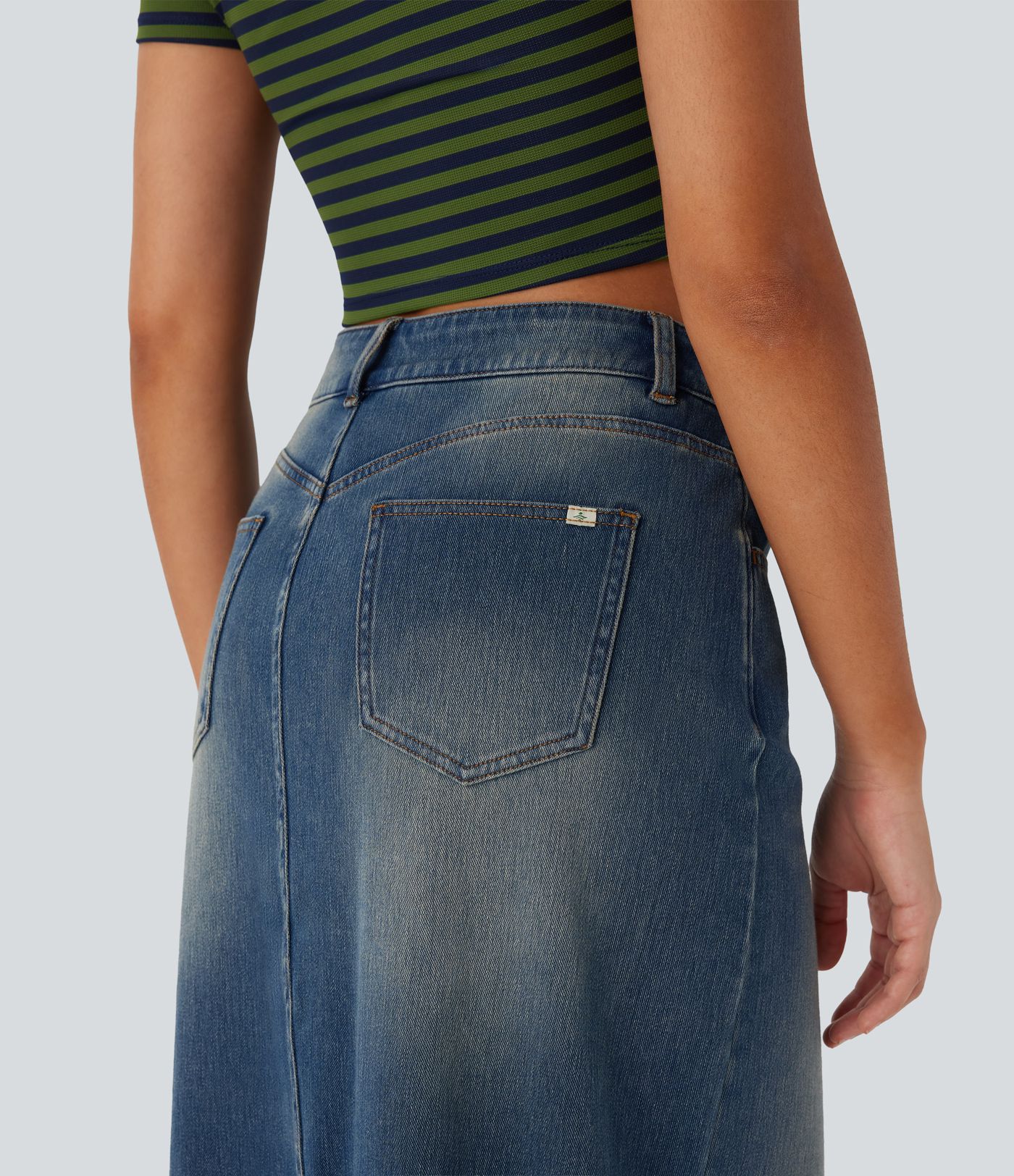 Halara Flex™ Jupe en Jean longue décontractée extensible délavé taille moyenne avec fente et multiples poches