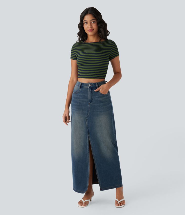 Halara Flex™ Jupe en Jean longue décontractée extensible délavé taille moyenne avec fente et multiples poches