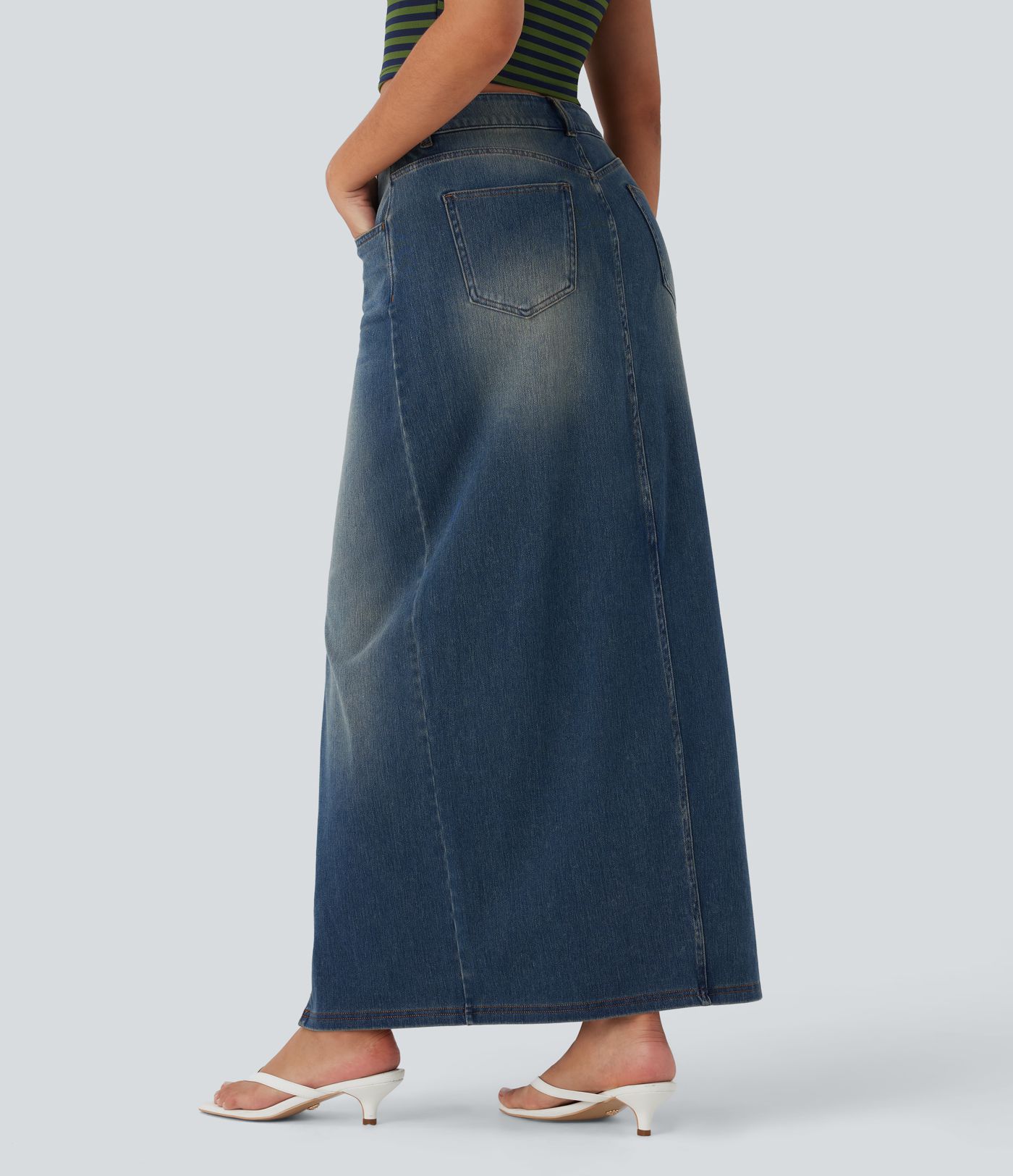 Halara Flex™ Jupe en Jean longue décontractée extensible délavé taille moyenne avec fente et multiples poches