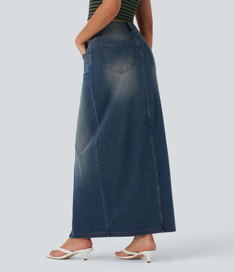 Halara Flex™ Jupe en Jean longue décontractée extensible délavé taille moyenne avec fente et multiples poches