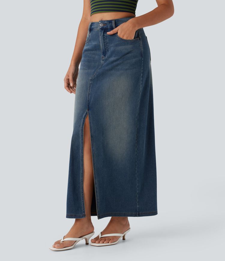 Halara Flex™ Jupe en Jean longue décontractée extensible délavé taille moyenne avec fente et multiples poches