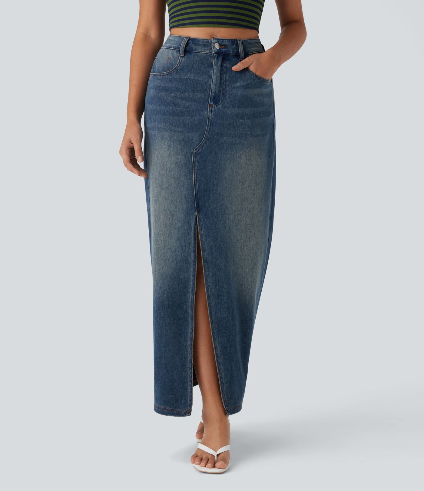 Halara Flex™ Jupe en Jean longue décontractée extensible délavé taille moyenne avec fente et multiples poches