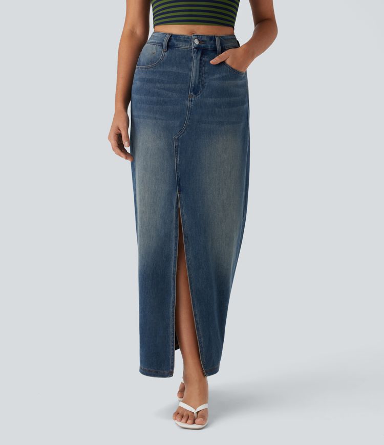 Halara Flex™ Jupe en Jean longue décontractée extensible délavé taille moyenne avec fente et multiples poches