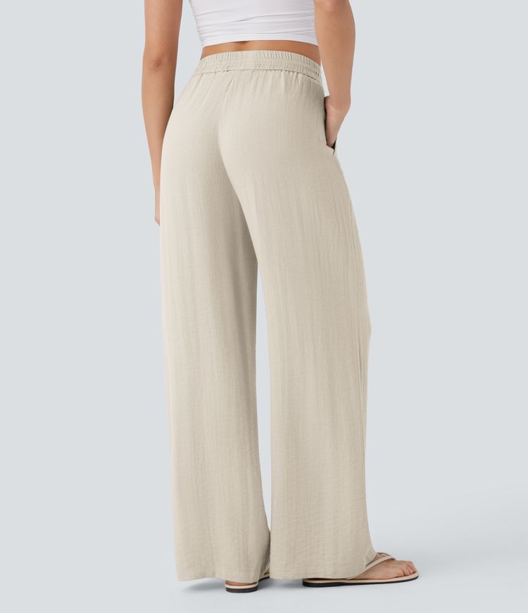 High Waisted Drawstring Side Pocket Wide Leg Casual Linen-Feel Pants