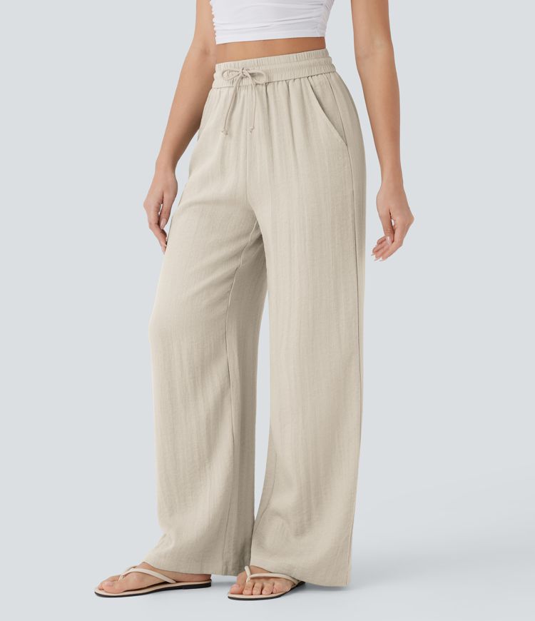 High Waisted Drawstring Side Pocket Wide Leg Casual Linen-Feel Pants