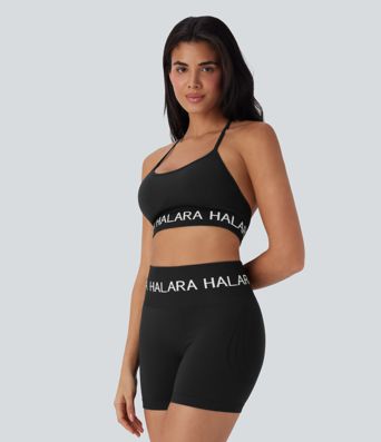 Sujetador deportivo halter para yoga Halara con logo, sin costuras, diseño Flow, soporte ligero