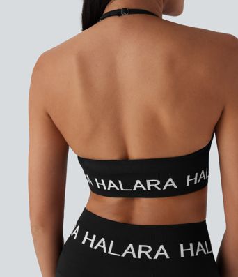Sujetador deportivo halter para yoga Halara con logo, sin costuras, diseño Flow, soporte ligero