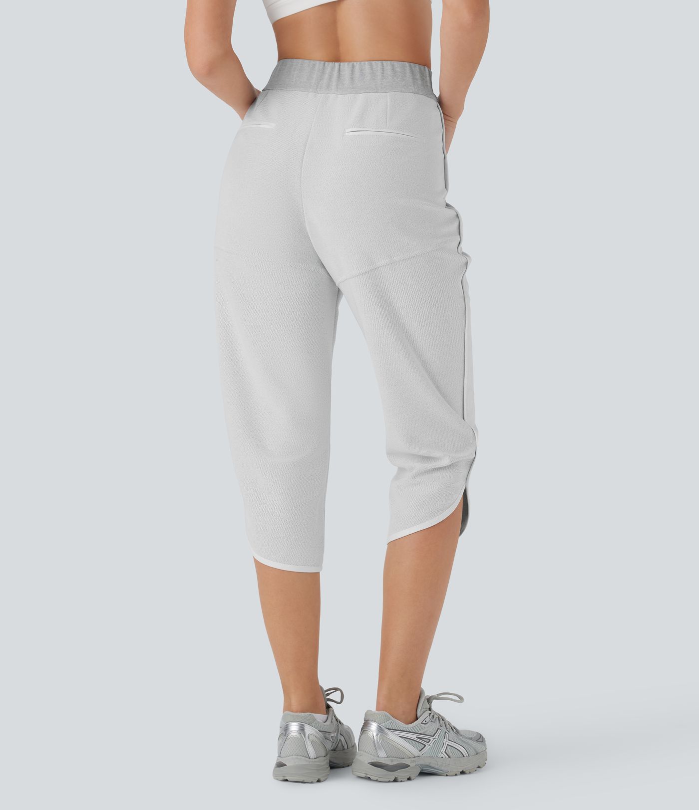 Mid Rise Split Curved Hem Yoga Capri Trousers with Pockets