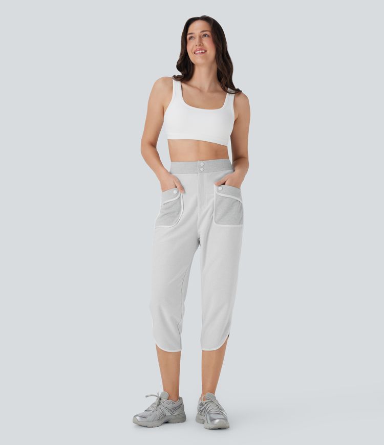 Mid Rise Split Curved Hem Yoga Capri Trousers with Pockets