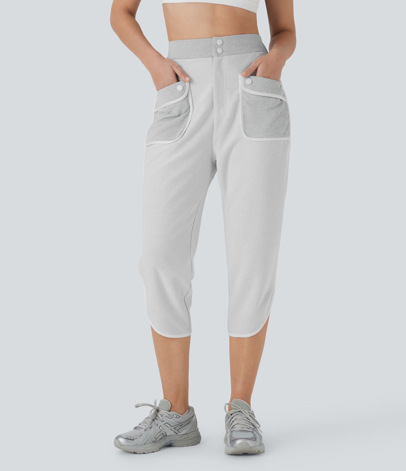 Mid Rise Split Curved Hem Yoga Capri Trousers with Pockets