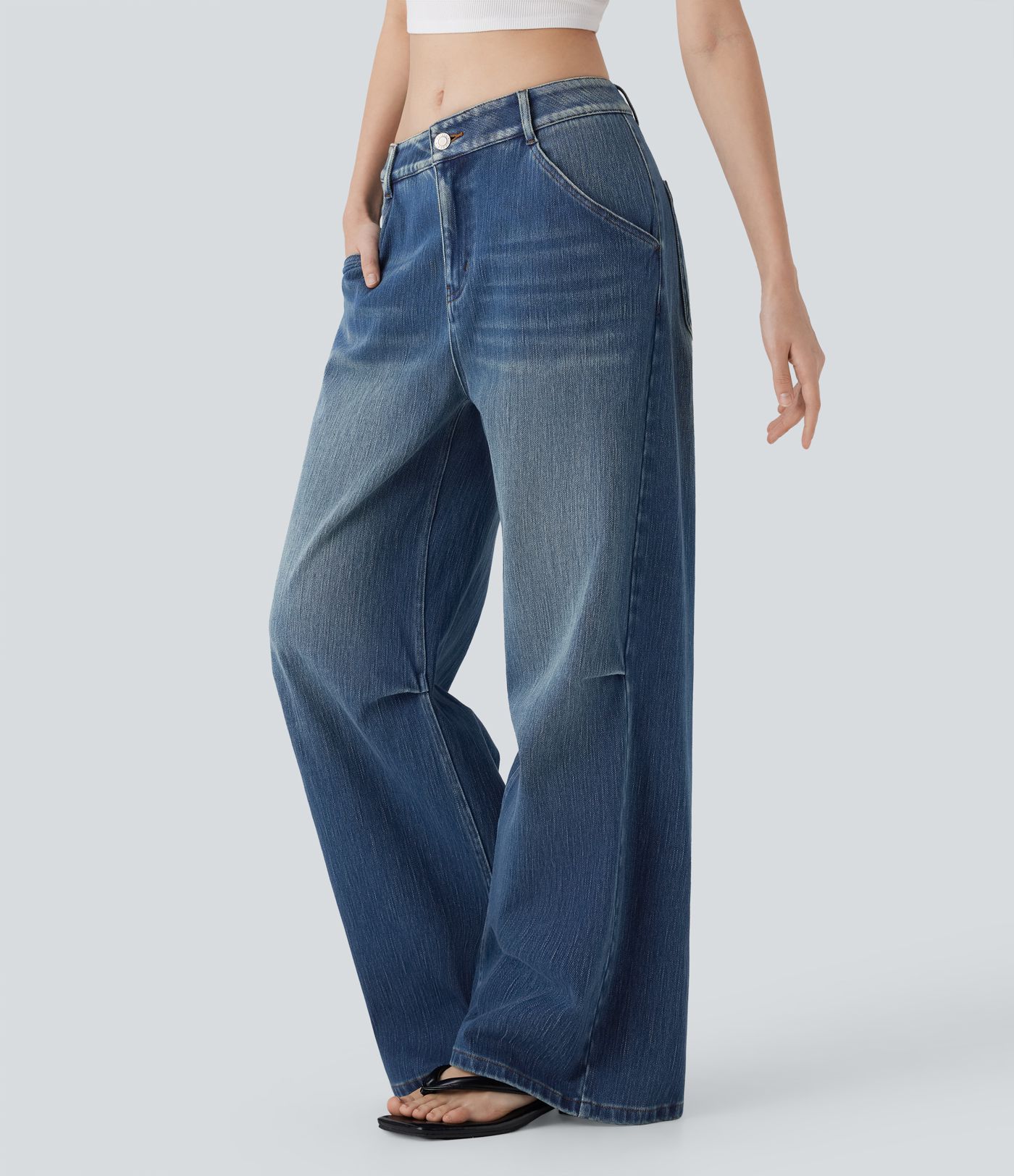 Jeans Baggy Halara Flex™ Denim vaquero elástico tiro bajo estilo lavado pierna ancha múltiple bolsillo