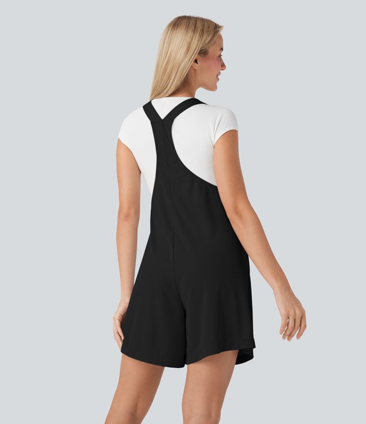 Button Adjustable Strap Waffle Casual Shortalls with Side Pockets